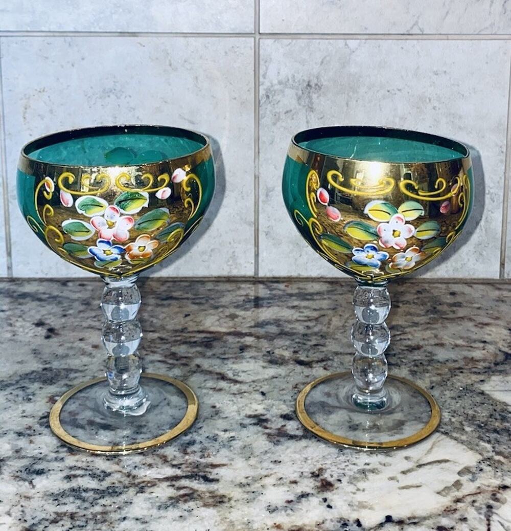 Set Of 2 MURANO Dinning Glass Cups Venetian Green Floral Handpainted Vintage